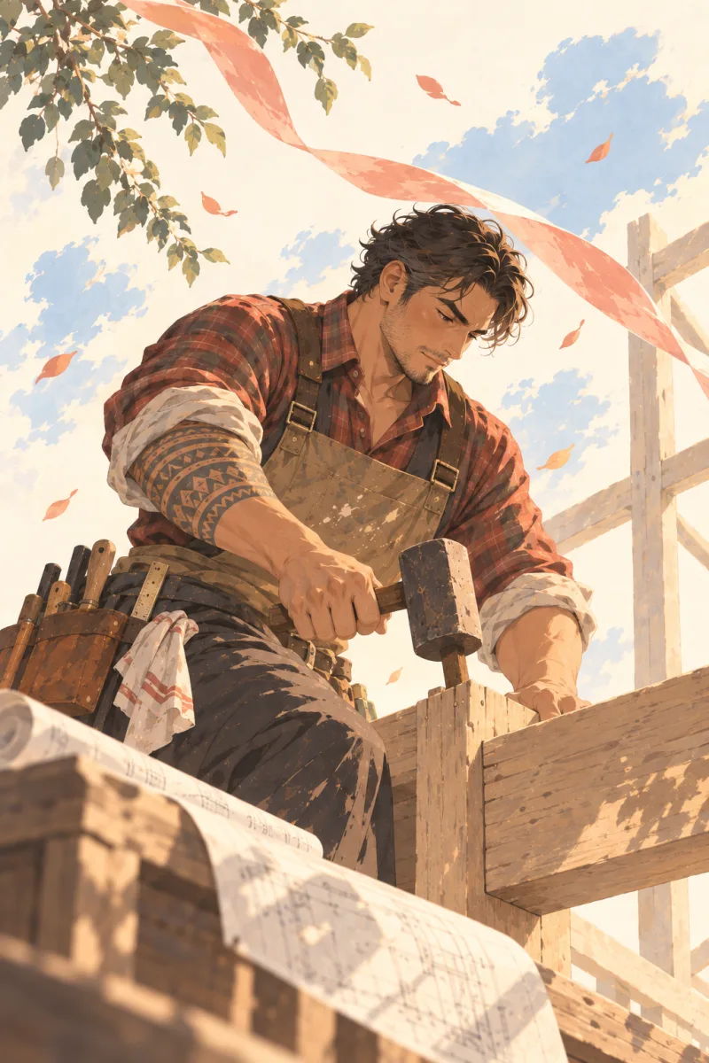 The Builder, an illustrated scene