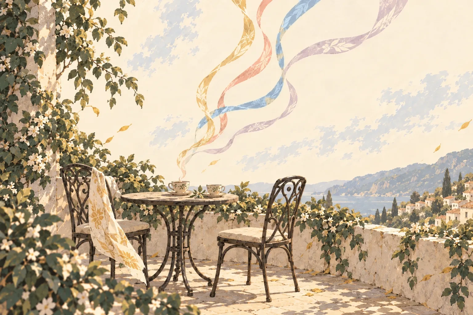 An empty chair at a café table on a sunlit terrace, steam rising from two cups as ribbons