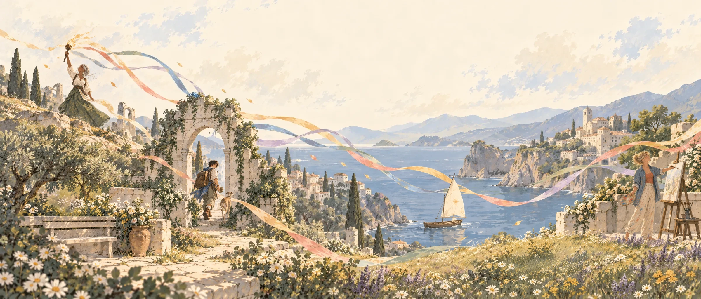 A sunlit coastal town above the sea: a woman raising a torch, a traveller and his dog under a stone arch, a painter at an easel, all joined by drifting ribbons of colour
